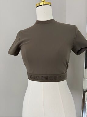 Givenchy Logo Waistband Cropped Stretch Jersey Tee Taupe Khaki 4G Top XS/S